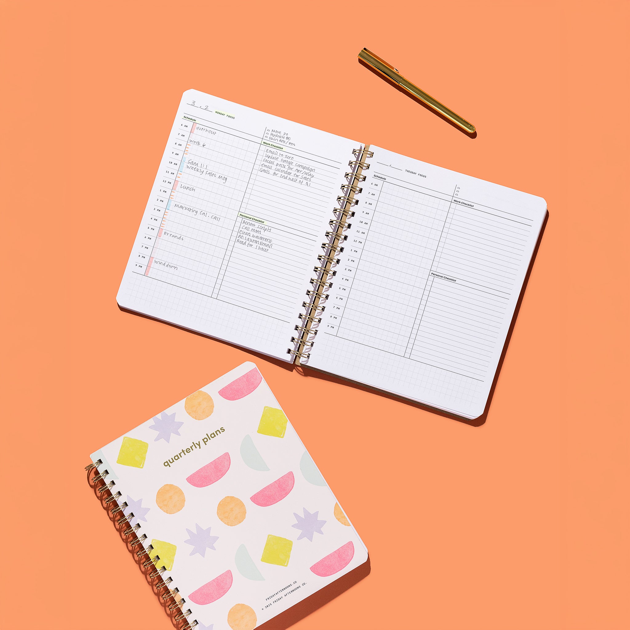 Bright Shapes Quarterly Plans 90-Day Planner with colorful geometric cover shown beside an open daily planning page and gold pen on an orange background.