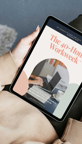 woman holding tablet with 40 hour workweek handbook