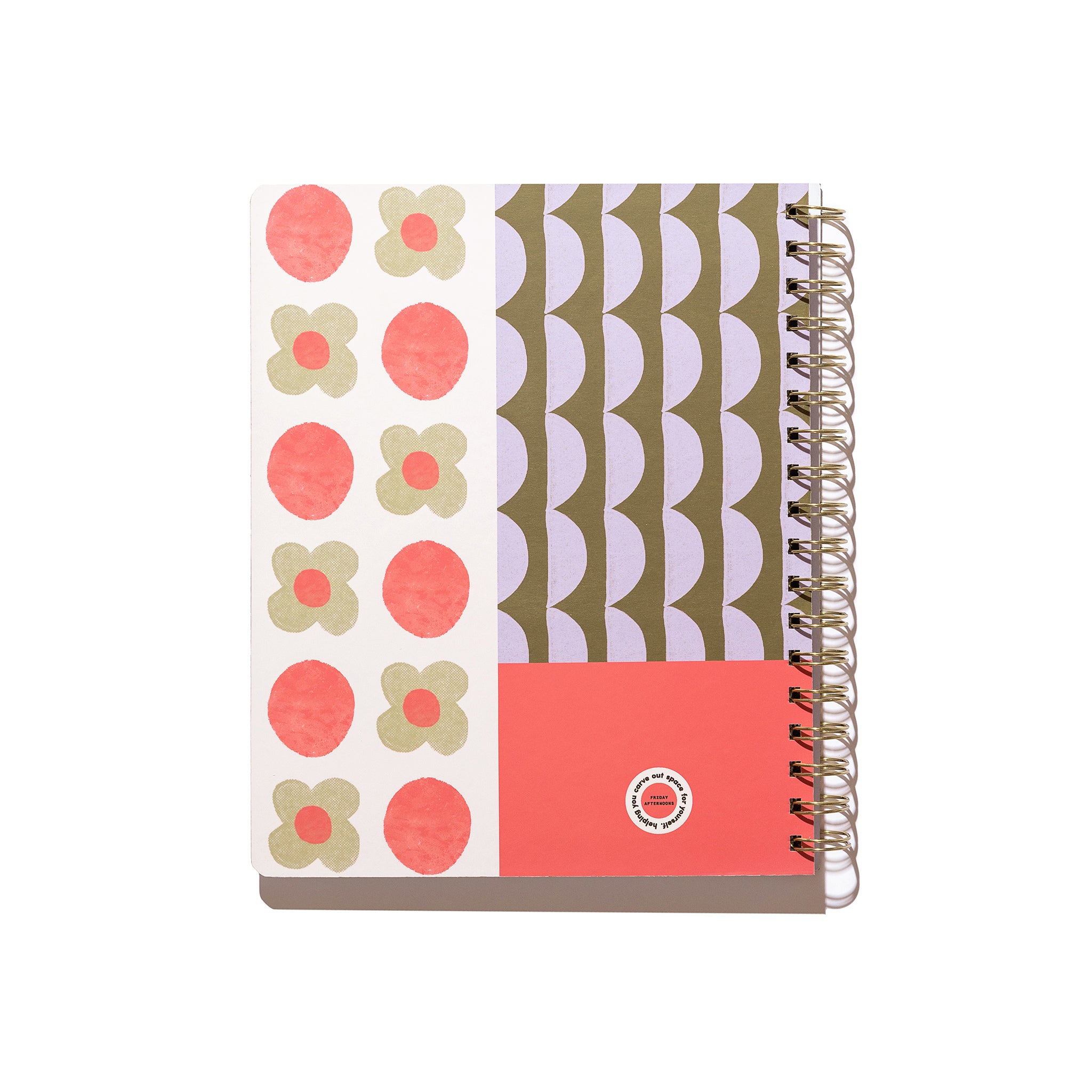 Back cover of the Lavender Scallop Quarterly Plans 90-Day Planner with gold spiral binding, floral pattern, lavender scallop pattern, coral panel, and white background.