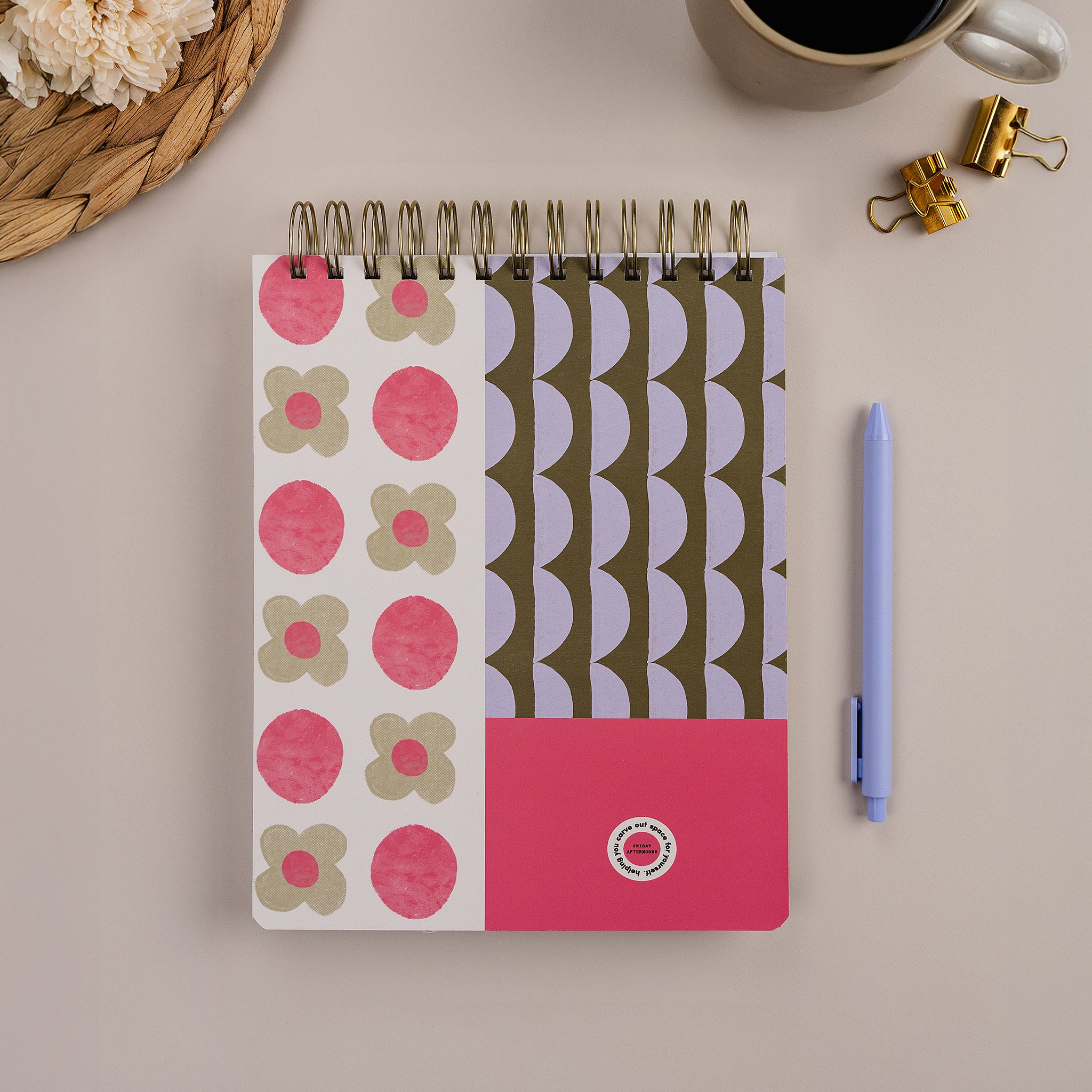 Lavender Scallop Workday Planner styled with pen and office accessories on neutral desk surface.