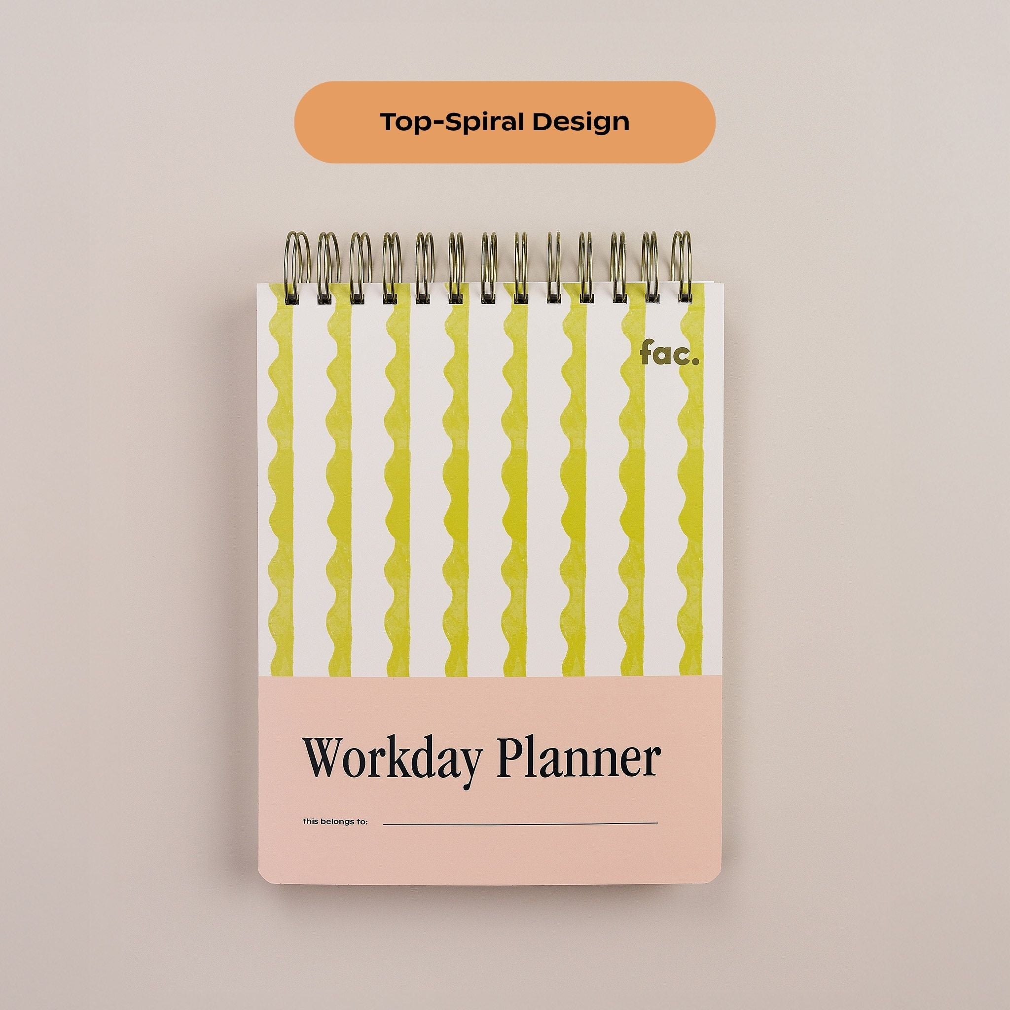 Close-up of the Workday Planner top-spiral binding and Lima Wavy Stripes patterned cover.