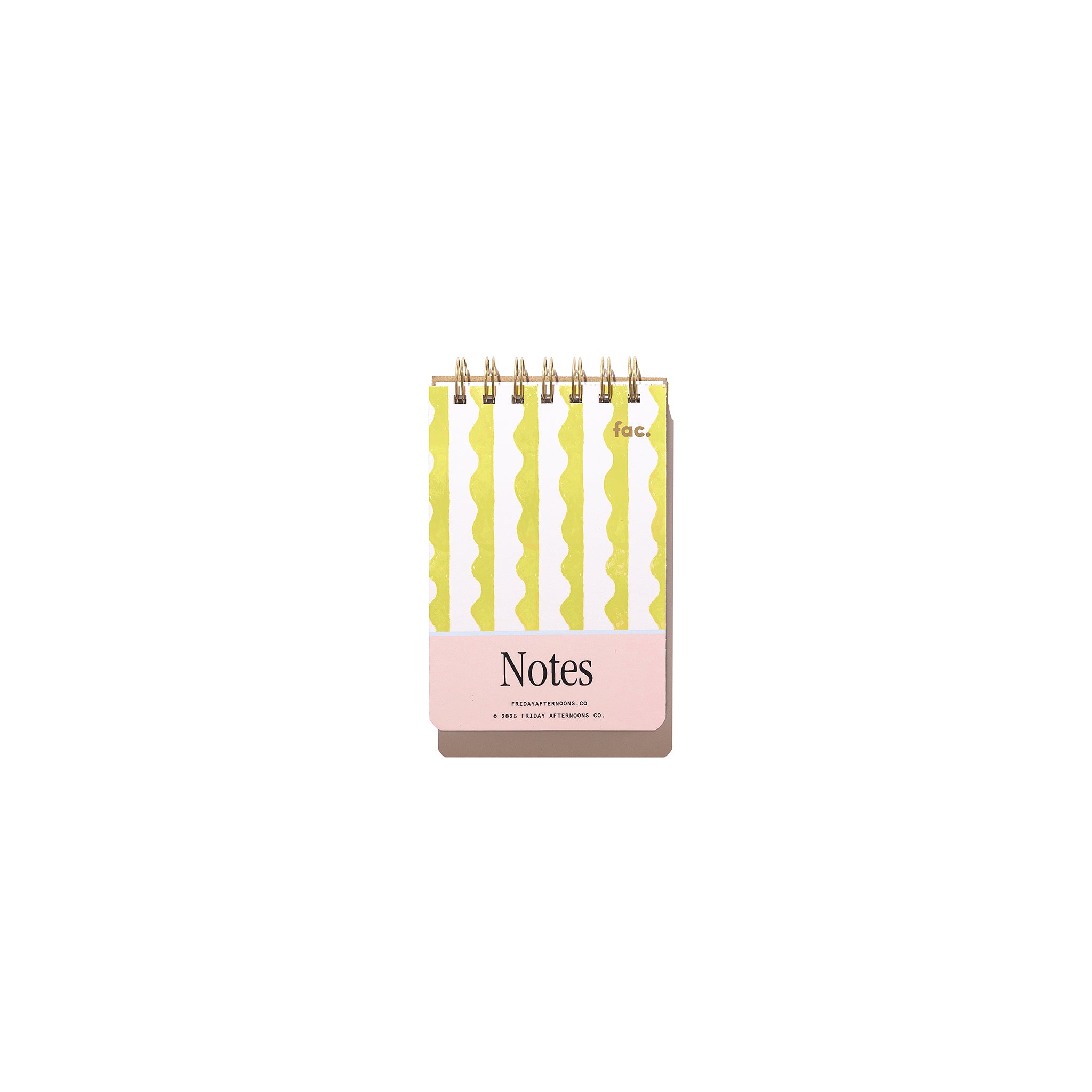 Lima Wavy Stripes Mini Memo Notebook with top spiral binding, yellow wavy stripe pattern, pale pink notes panel, and white background.
