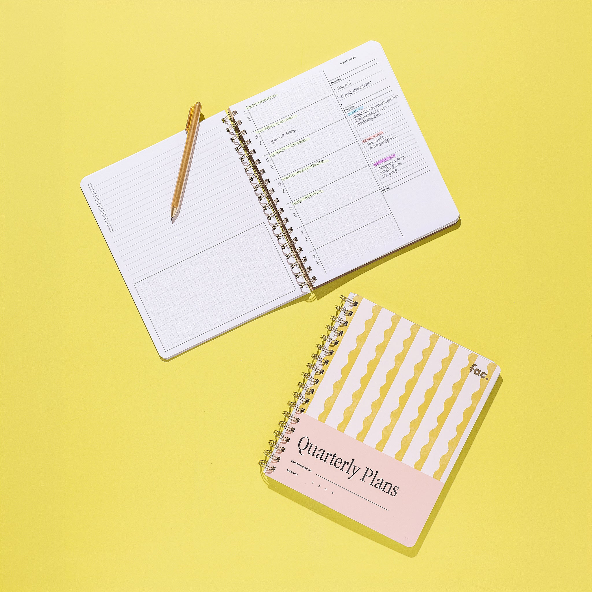 Lima Wavy Stripes Quarterly Plans 90-Day Planner with yellow wavy stripe cover shown beside an open daily planning page and gold pen on a bright yellow background.