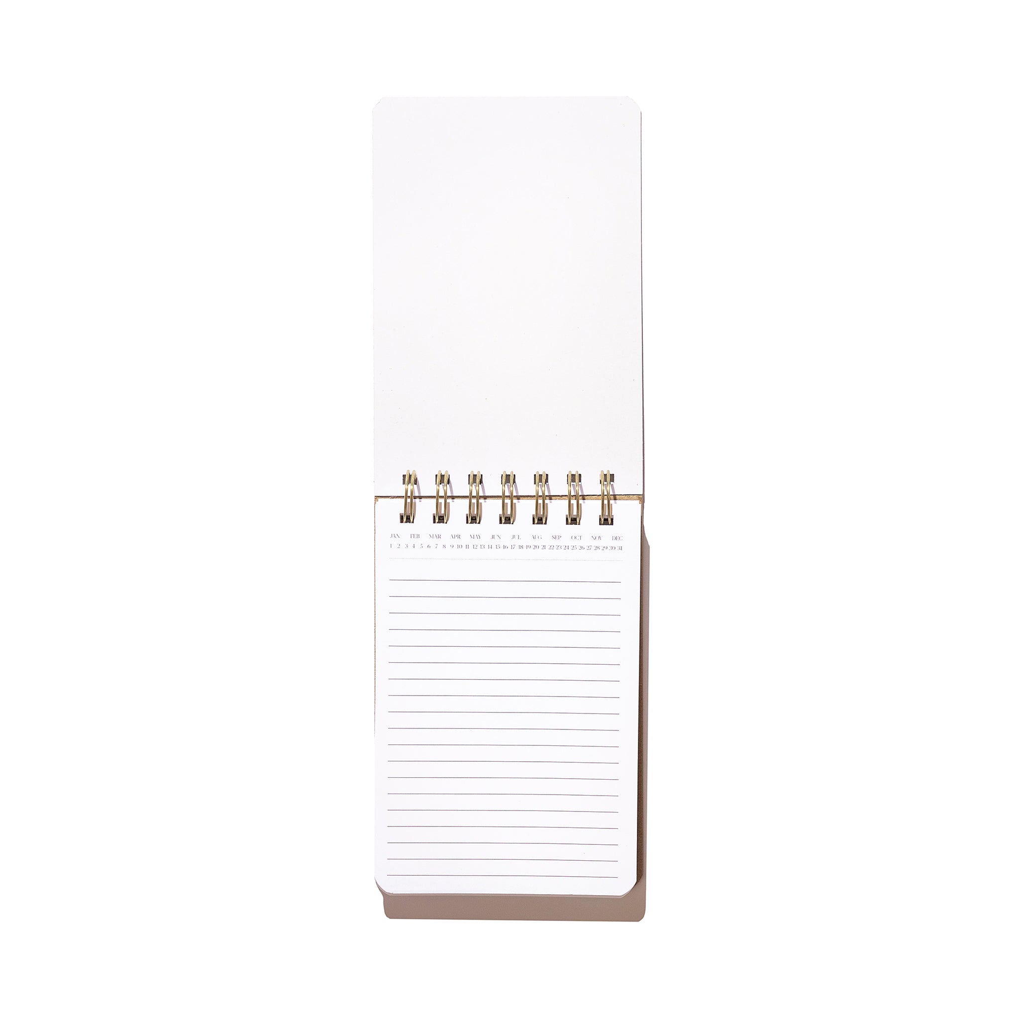 Mini Memo Notebook open to lined interior pages with top spiral binding, date tracker, and blank note-taking space on a white background.