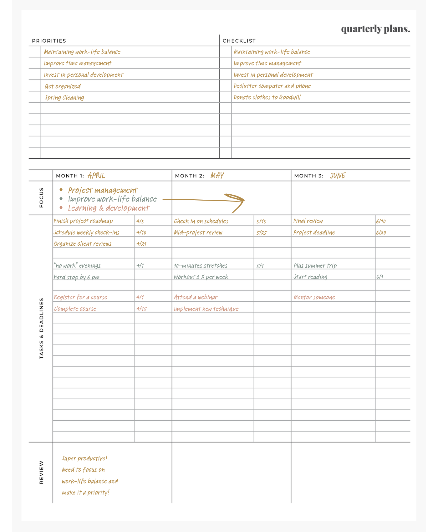 example of a quarterly plans goal setting task management page in friday afternoons quarterly planner