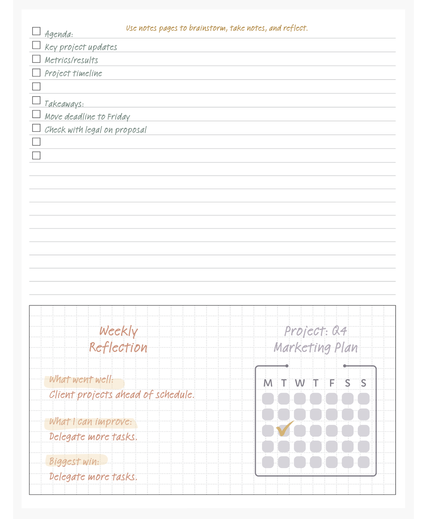 example of a friday afternoons structured note page for weekly reflection project management and meeting notes