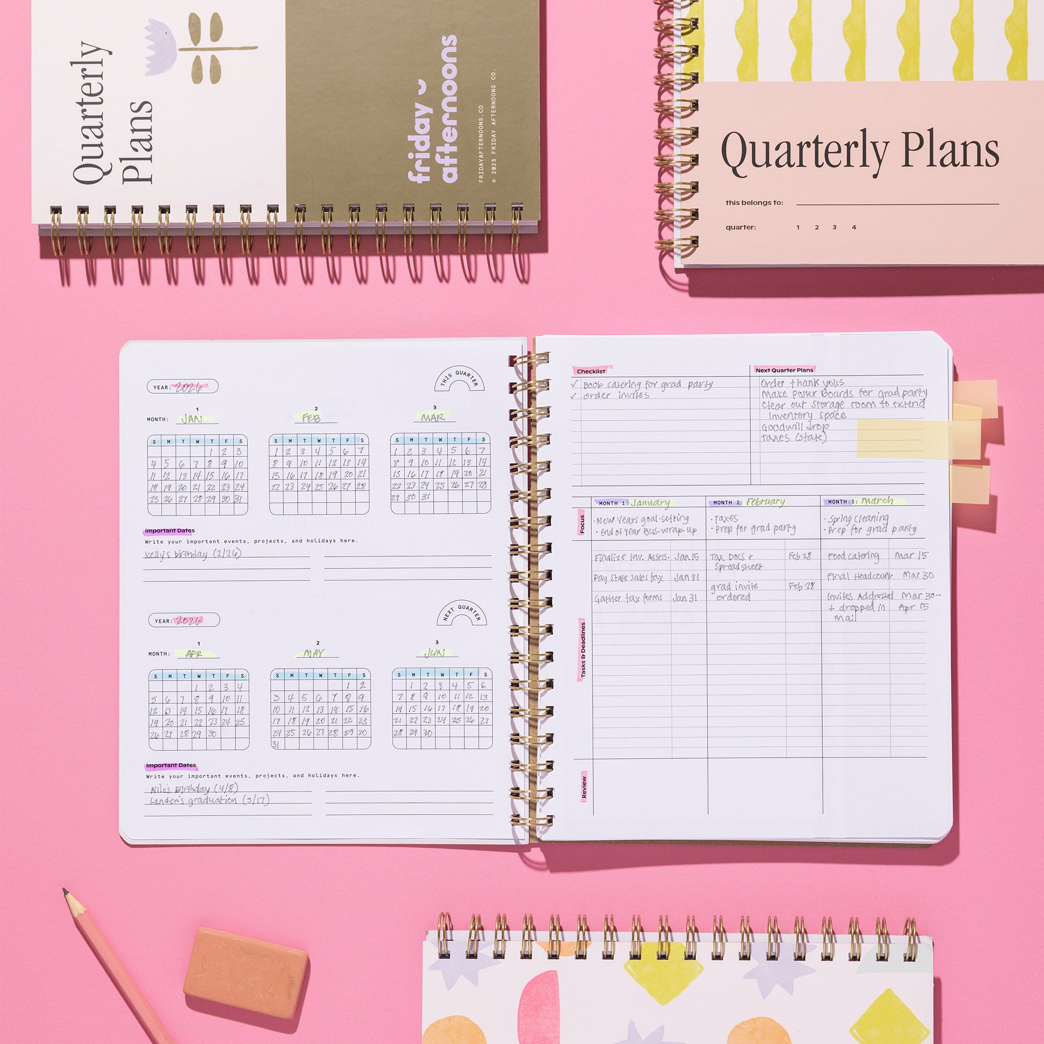 Quarterly Plans 90-day planner with monthly planning pages, quarterly goal planning spread, and colorful cover designs on a pink background.