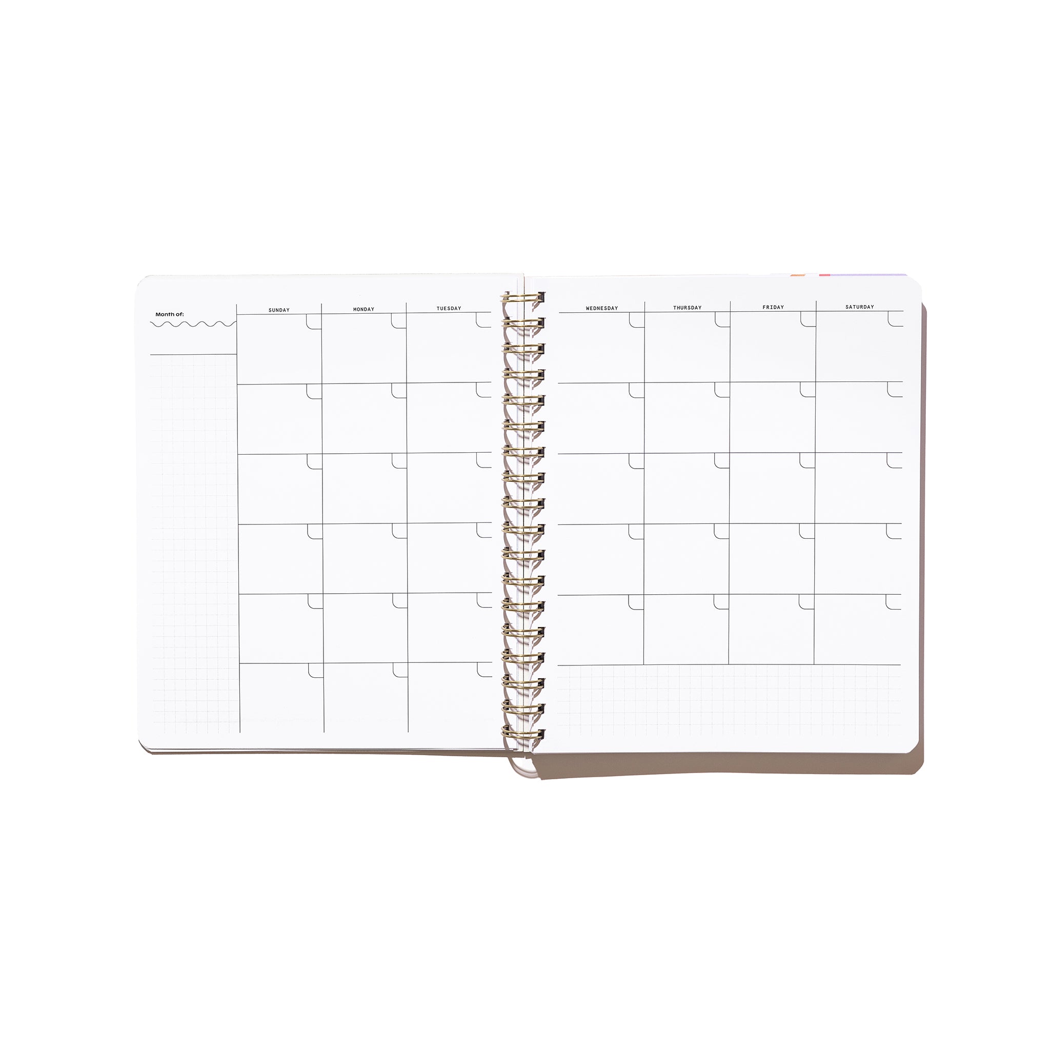 Quarterly Plans monthly calendar spread with undated month grid, sidebar notes area, and gold spiral binding.