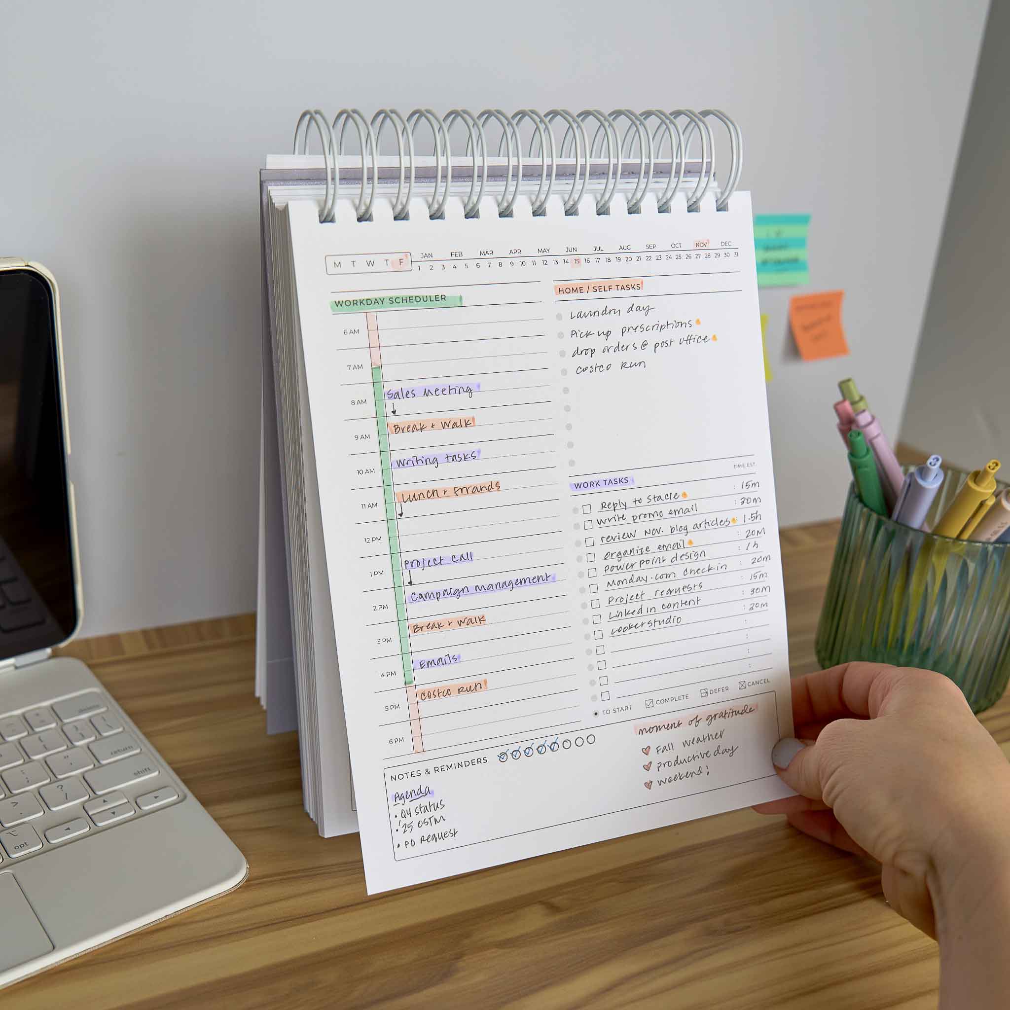 simple daily planner for work as a standing desk planner with time blocking and color coded highlights