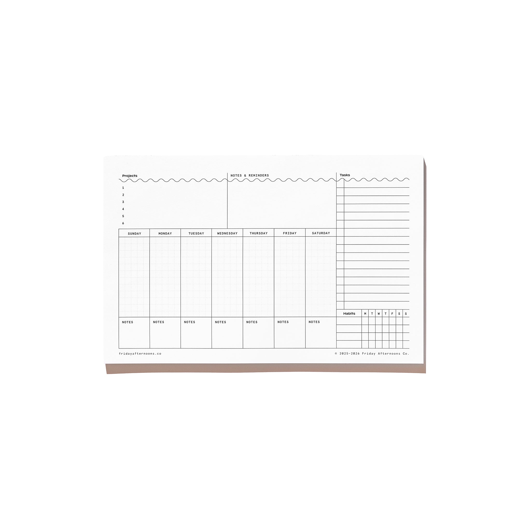 Weekly Task Tracker Notepad with sections for projects, notes and reminders, daily planning, tasks, and habit tracking on a white background.