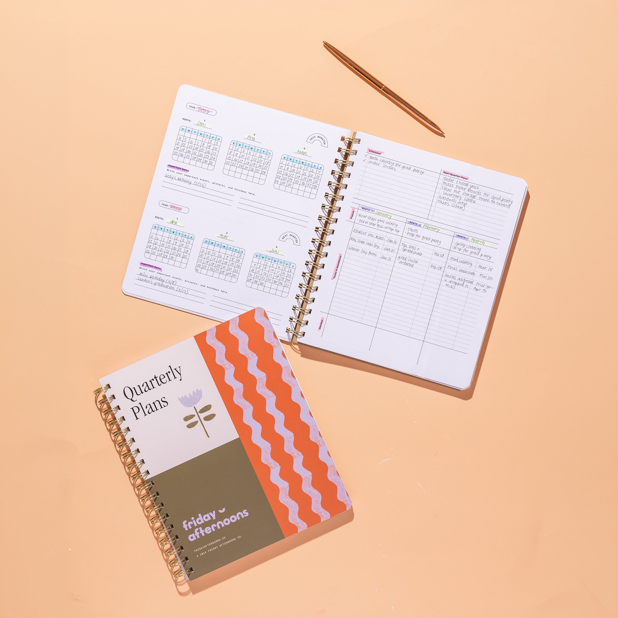 Tulip Wave Quarterly Plans 90-Day Planner with orange wave cover shown beside open quarterly planning pages and copper pen on a peach background.