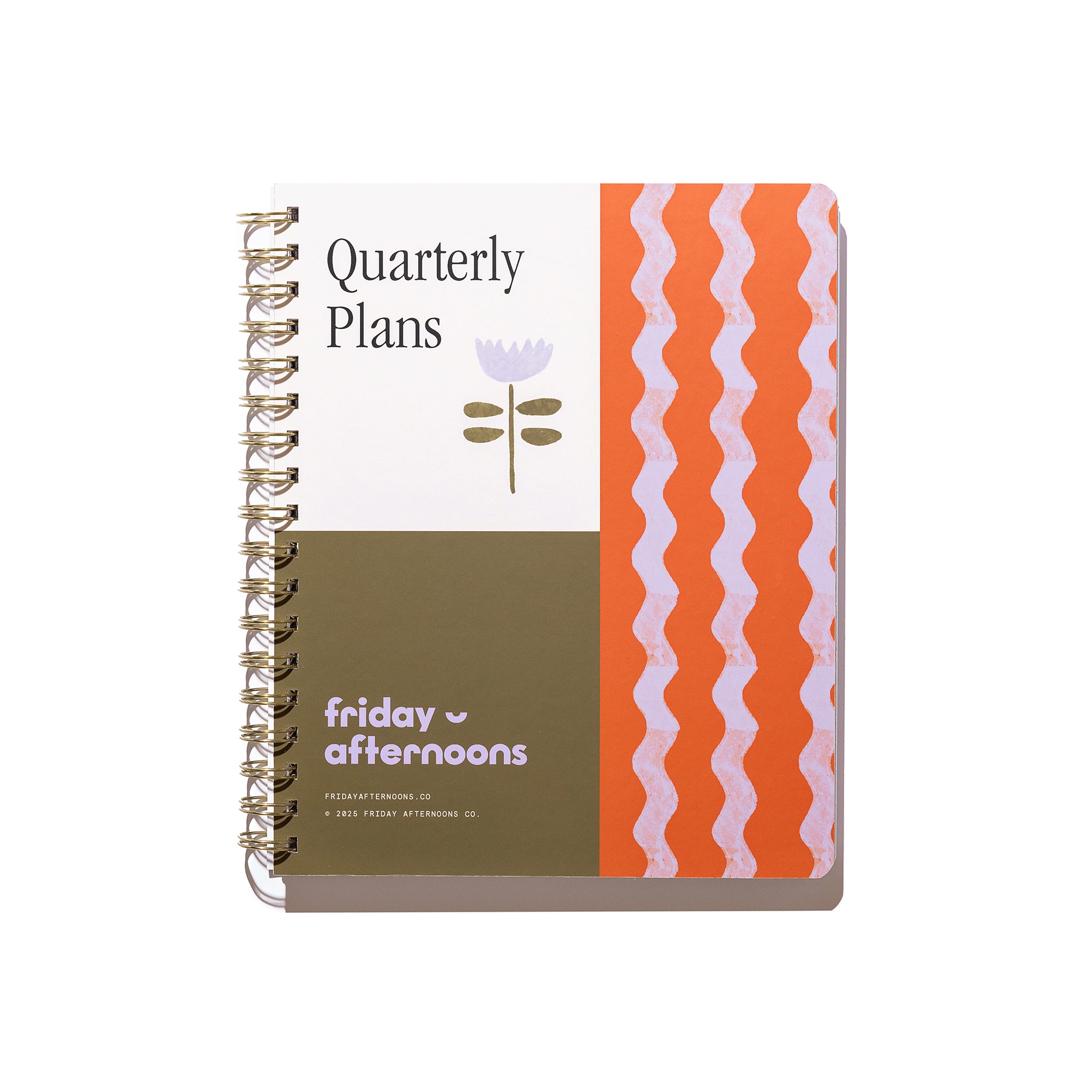 Tulip Wave Quarterly Plans 90-Day Planner front cover with gold spiral binding, orange wave pattern, olive green panel, lavender flower detail, and white background.