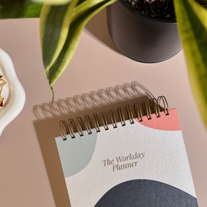 workday simple planner bright color daily planner on table with clip and plant