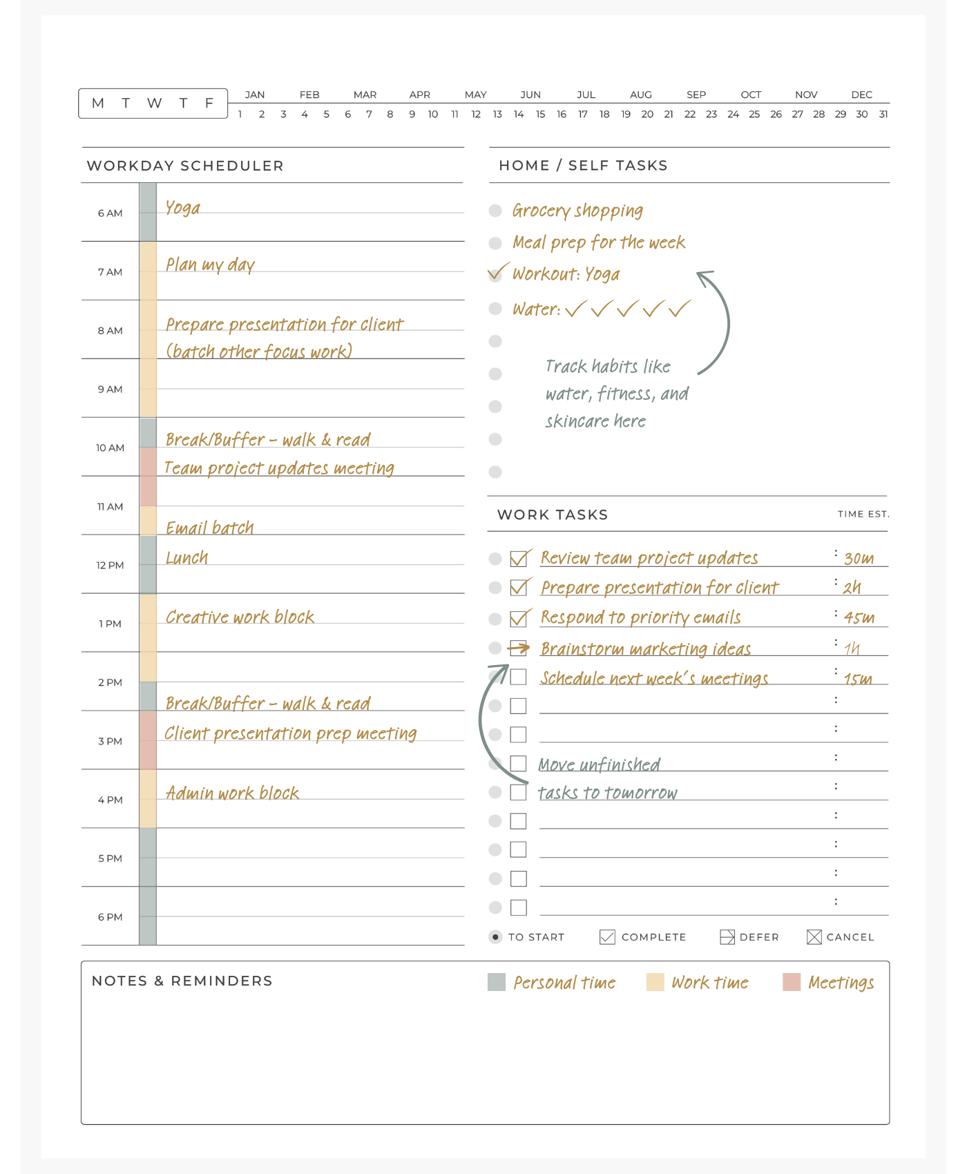 example of friday afternoons workday planner with time blocking task prioritization and management separate tasks for work and life and color coded system for time management