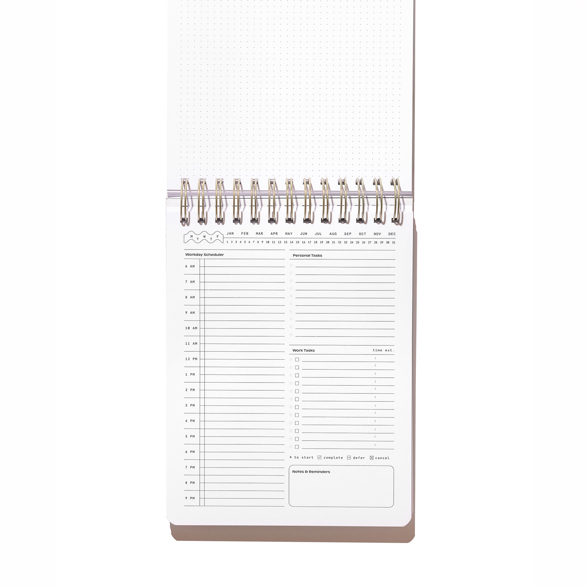Undated daily Workday Planner page with time-blocking schedule, personal tasks, work tasks, and notes section.