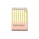 Lima Wavy Stripes Workday Planner front cover with top spiral binding, yellow wavy stripe pattern, pale pink title panel, and white background.