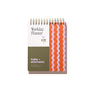 Front cover of the Tulip Wave Workday Planner with orange wavy stripes, olive color block, flower detail, and gold top-spiral binding.